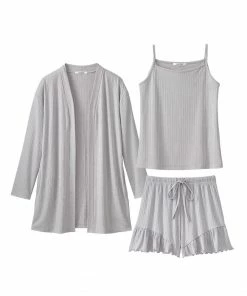 Aimerfeel Rib Frill Camisole Cardigan Shorts 3-piece Set