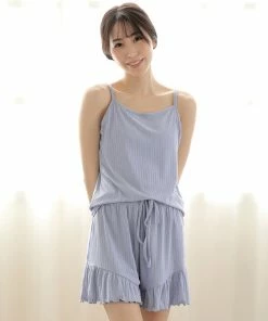 Aimerfeel Rib Frill Camisole Cardigan Shorts 3-piece Set