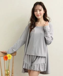 Aimerfeel Rib Frill Camisole Cardigan Shorts 3-piece Set