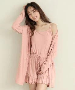 Aimerfeel Rib Frill Camisole Cardigan Shorts 3-piece Set