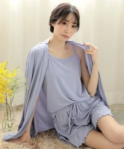 Aimerfeel Rib Frill Camisole Cardigan Shorts 3-piece Set