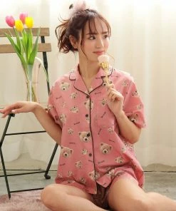 Aimerfeel Cotton 100% Short Sleeve Bear Pattern Top-Bottom Set SLEEP