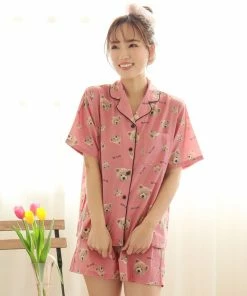 Aimerfeel Cotton 100% Short Sleeve Bear Pattern Top-Bottom Set SLEEP