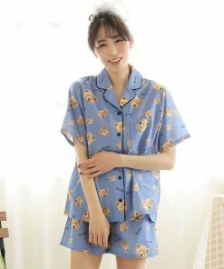 Aimerfeel Cotton 100% Short Sleeve Bear Pattern Top-Bottom Set SLEEP