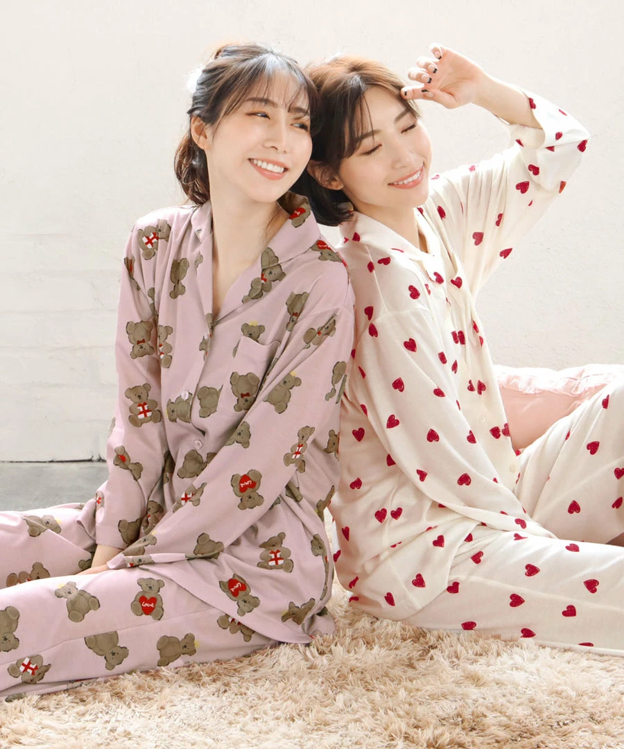 Aimerfeel Pajama Top-Bottom Set With Bear Heart Pattern SLEEP