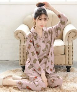 Aimerfeel Pajama Top-Bottom Set With Bear Heart Pattern SLEEP