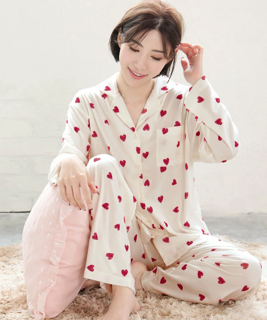 Aimerfeel Pajama Top-Bottom Set With Bear Heart Pattern SLEEP
