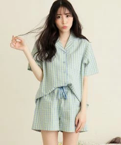 Aimerfeel SLEEP Cotton 100% Soccer Fabric Short Sleeve Pajamas Top-Bottom Set